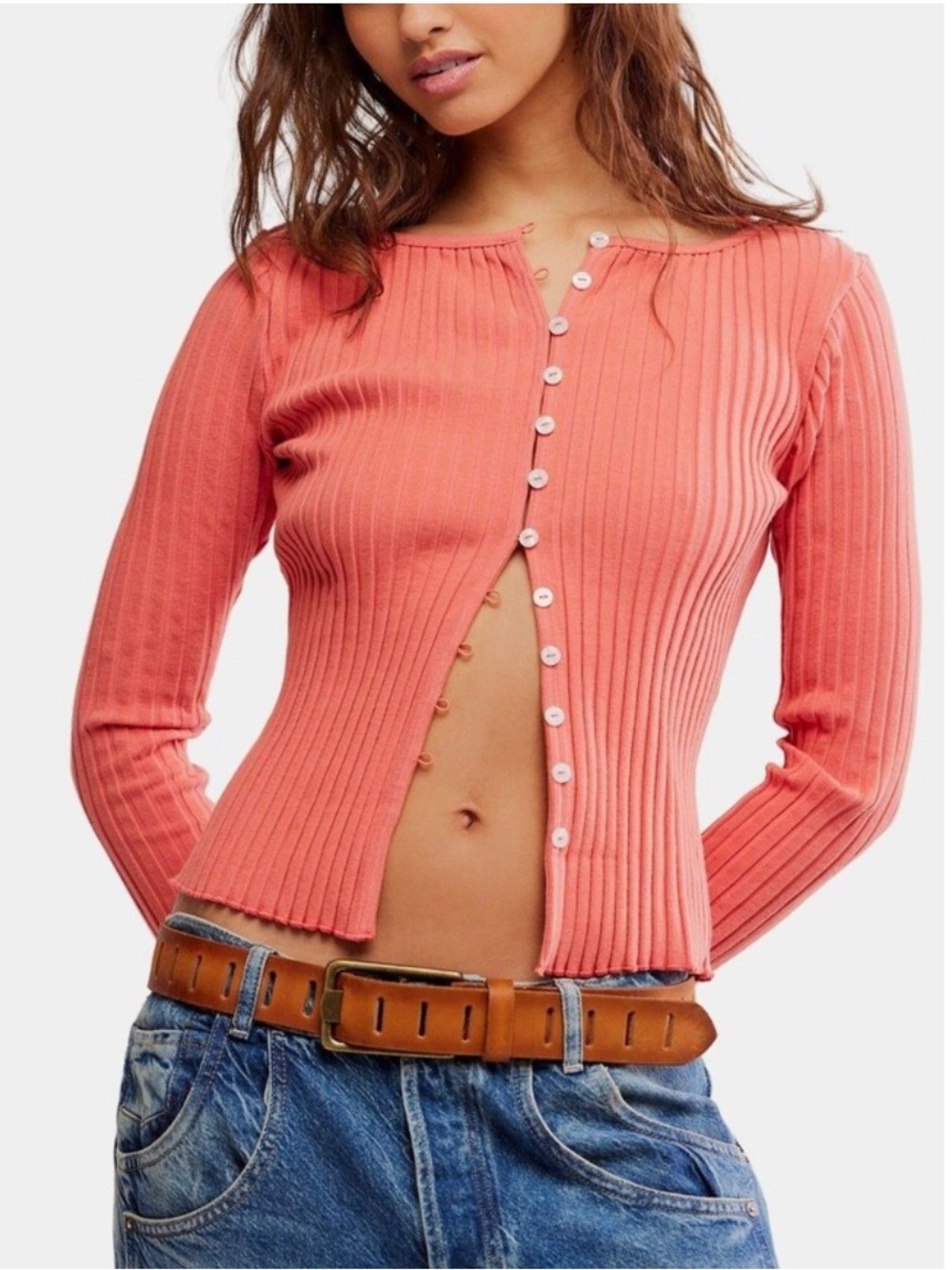 Free People Tilly Ribbed Long Sleeve Button Front Coral Cardigan Top Size Small